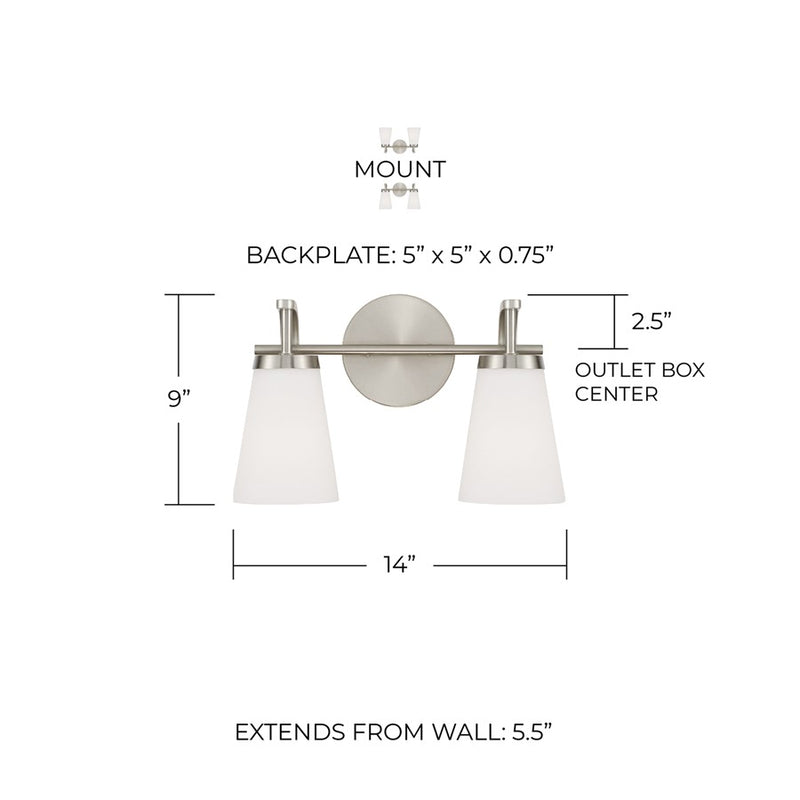 Homeplace Lighting Drake 2Lt Vanity, Nickel/Soft White Glass