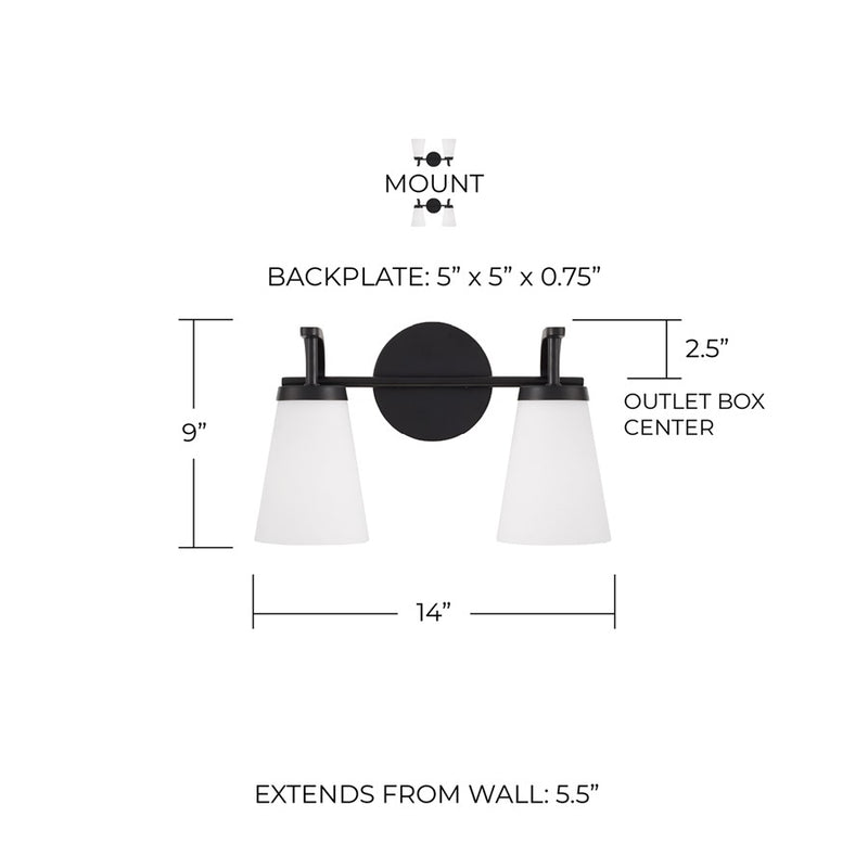 Homeplace Lighting Drake 2Lt Vanity, Matte Black/Soft White Glass