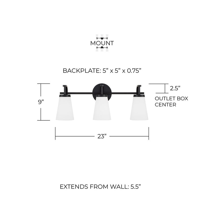 Homeplace Lighting Drake 3Lt Vanity, Matte Black/Soft White Glass