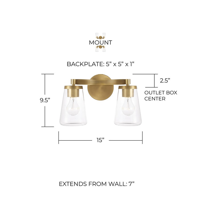 Homeplace Lighting Aaron 2 Light Vanity, Aged Brass/Clear Glass