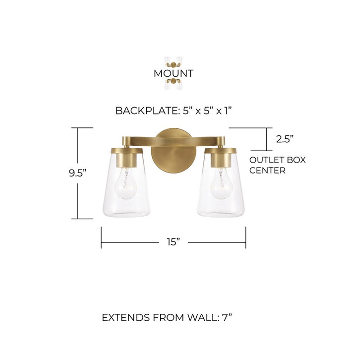 Homeplace Lighting Aaron 2 Light Vanity, Aged Brass/Clear Glass