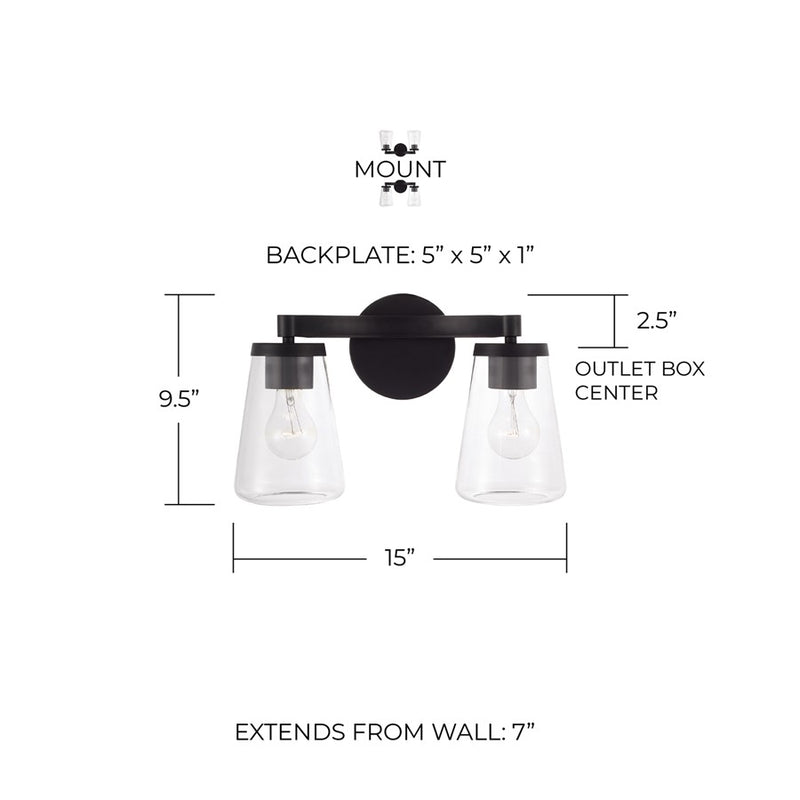 Homeplace Lighting Aaron 2 Light Vanity, Matte Black/Clear Glass