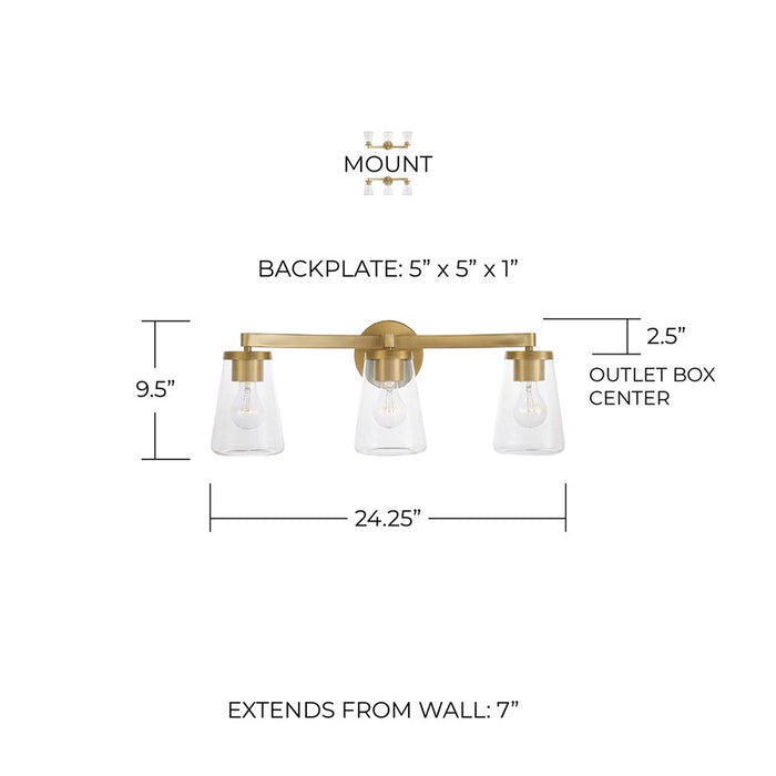 Homeplace Lighting Aaron 3 Light Vanity, Aged Brass/Clear Glass