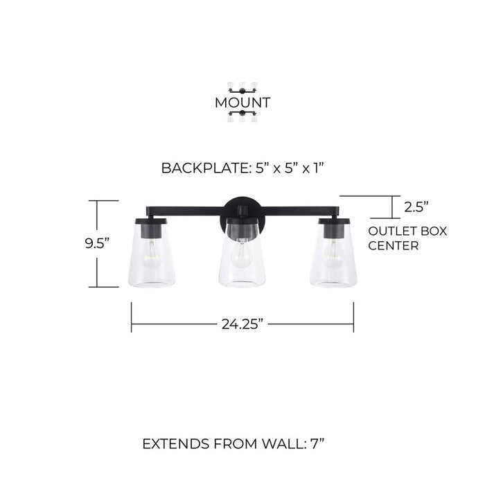 Homeplace Lighting Aaron 3 Light Vanity, Matte Black/Clear Glass