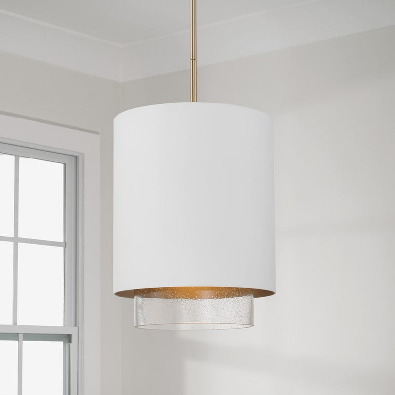 Capital Lighting Weller 1Lt Pendant, Matte Brass/White/Clear Seeded