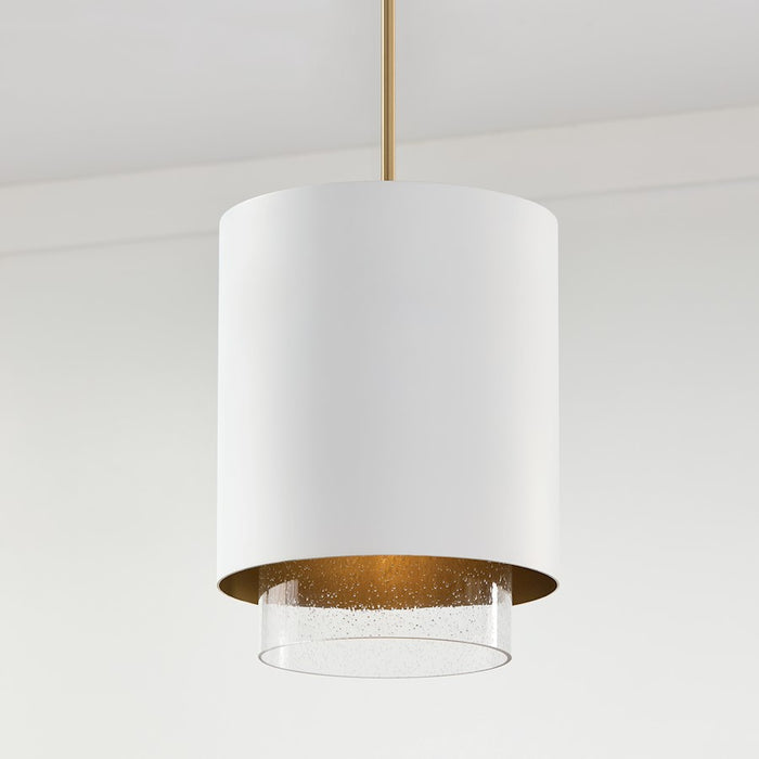 Capital Lighting Weller 1Lt Pendant, Matte Brass/White/Clear Seeded