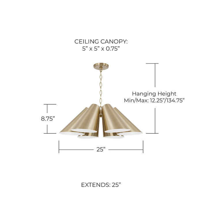 Capital Lighting Leo 6Lt Pendant, Brass/Brass Metal/White Interior