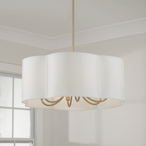 Capital Lighting Sabine 6 Light Pendant, Brass/White Fabric Shade