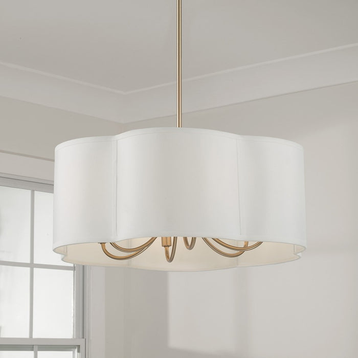 Capital Lighting Sabine 6 Light Pendant, Brass/White Fabric Shade