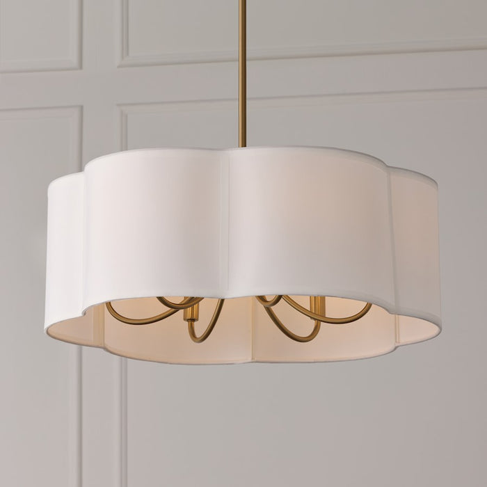 Capital Lighting Sabine 6 Light Pendant, Brass/White Fabric Shade