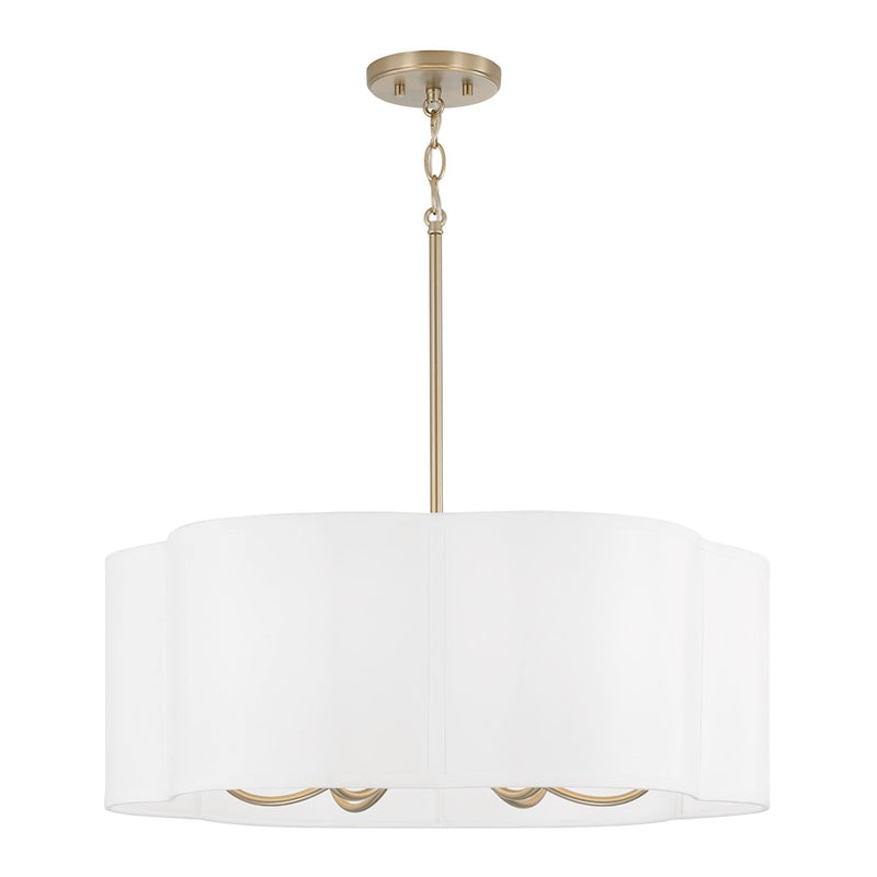 Capital Lighting Sabine 6 Light Pendant, Brass/White Fabric Shade