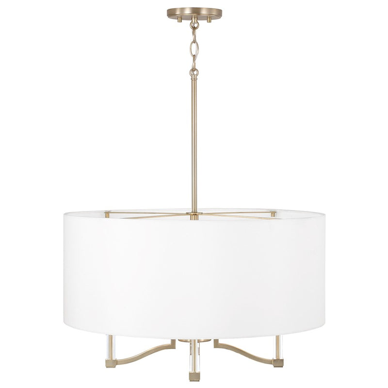 Capital Lighting Ingrid 4 Light Pendant, Brass/White Fabric Shade