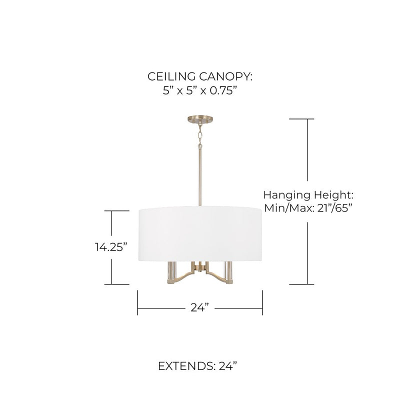 Capital Lighting Ingrid 4 Light Pendant, Brass/White Fabric Shade