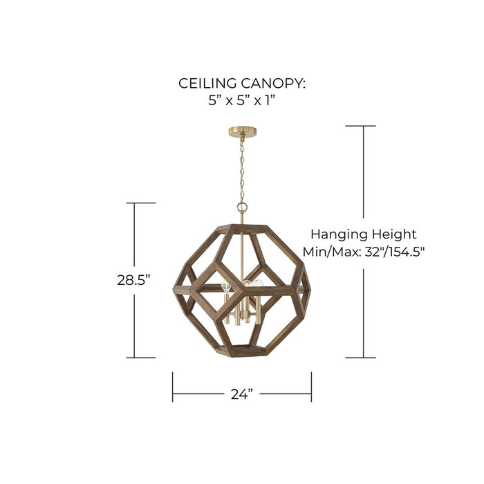 Capital Lighting Geo 4 Light Pendant, Nordic Wood and Matte Brass