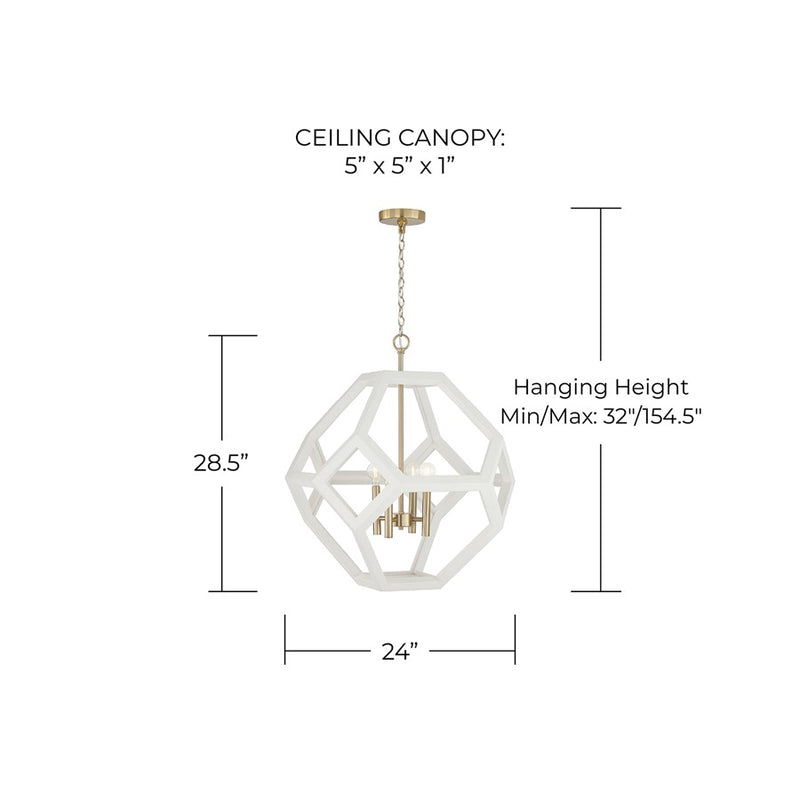 Capital Lighting Geo 4 Light Pendant, Flat White and Matte Brass