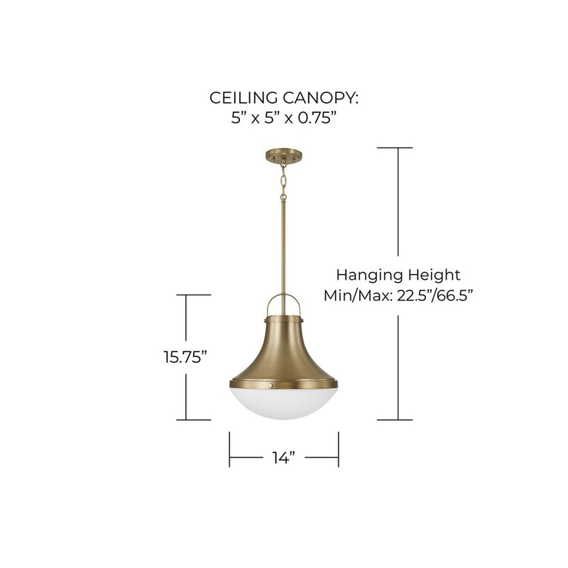 Capital Lighting Arlo 1 Light Pendant, Aged Brass/Soft White Glass