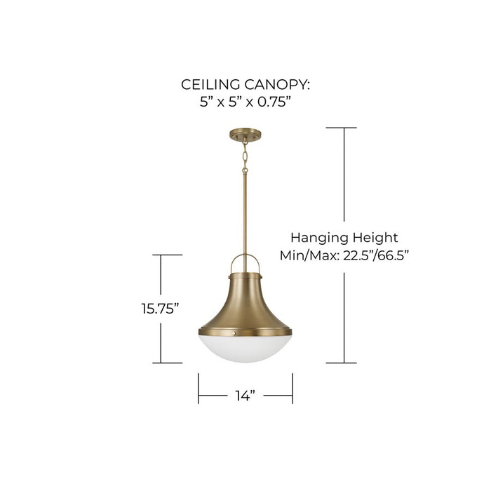 Capital Lighting Arlo 1 Light Pendant, Aged Brass/Soft White Glass
