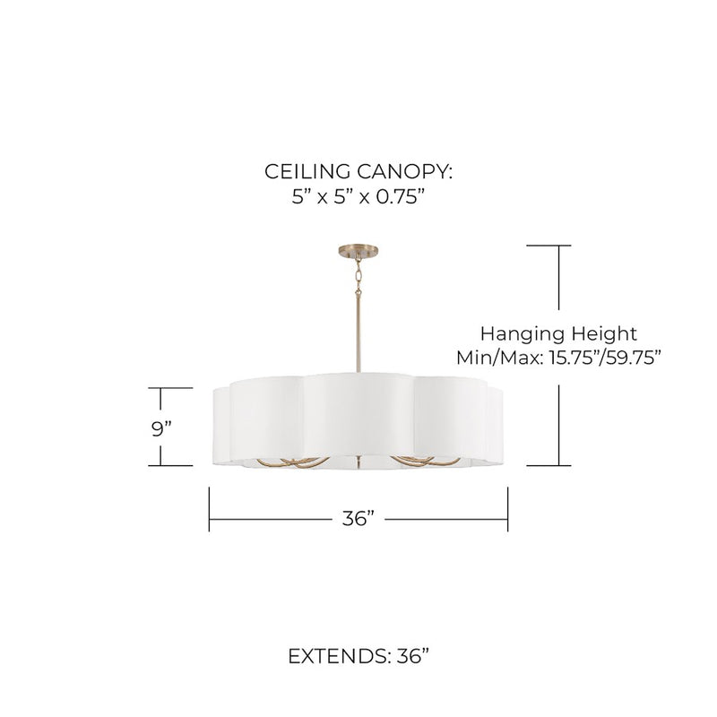 Capital Lighting Sabine 8 Light Chandelier, Brass/White Fabric Shade