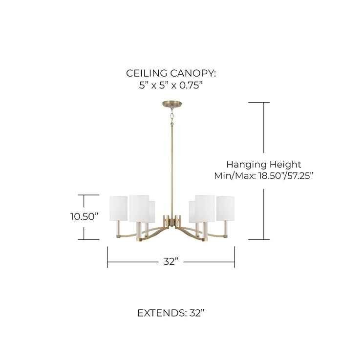 Capital Lighting Ingrid 6Lt Chandelier, Brass/White Fabric Shade