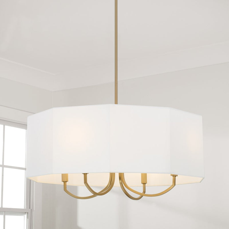 Capital Lighting Adrian 4 Light Chandelier, Aged Brass/White Fabric