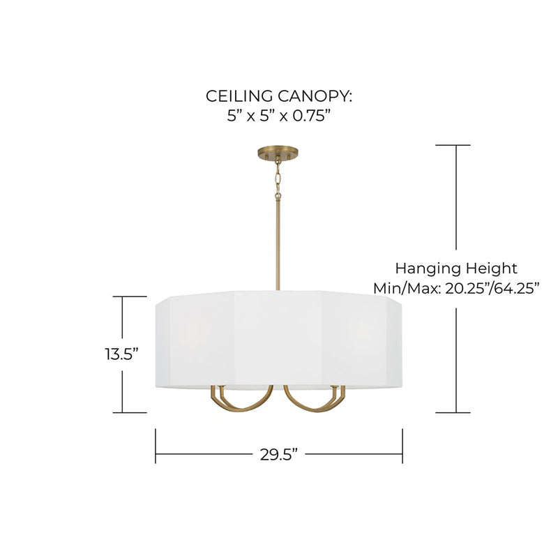 Capital Lighting Adrian 4 Light Chandelier, Aged Brass/White Fabric