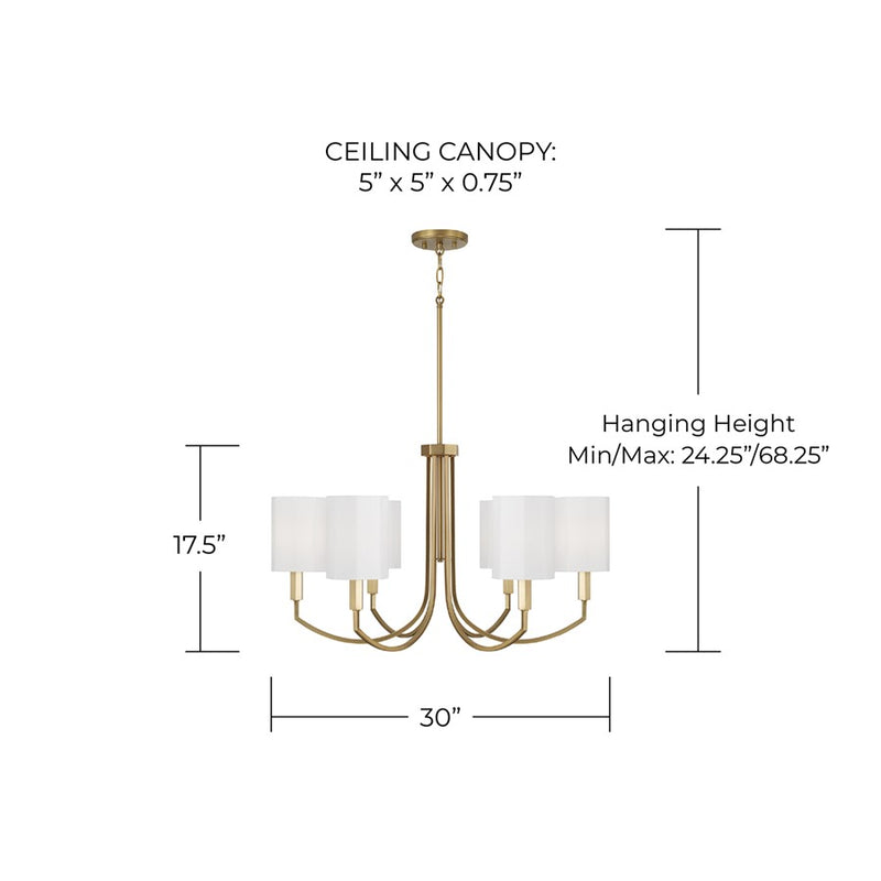 Capital Lighting Adrian 6Lt Chandelier, Aged Brass/White Fabric