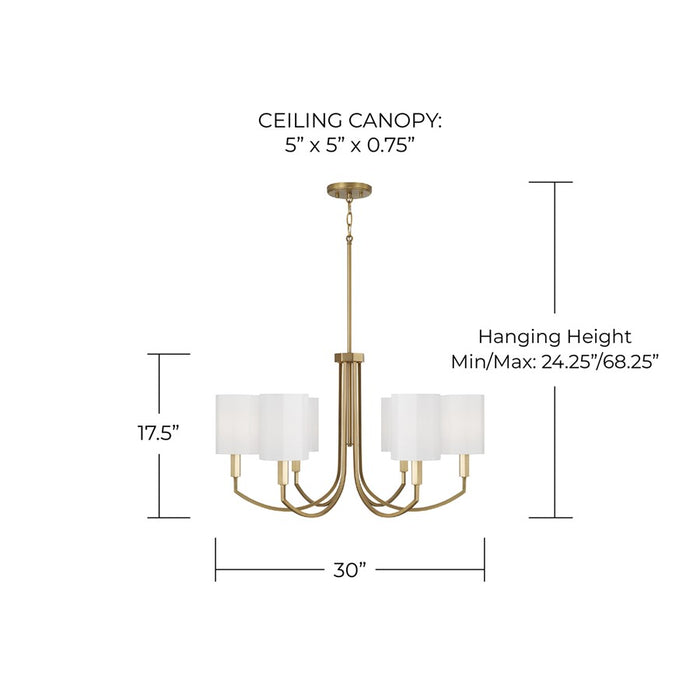 Capital Lighting Adrian 6Lt Chandelier, Aged Brass/White Fabric