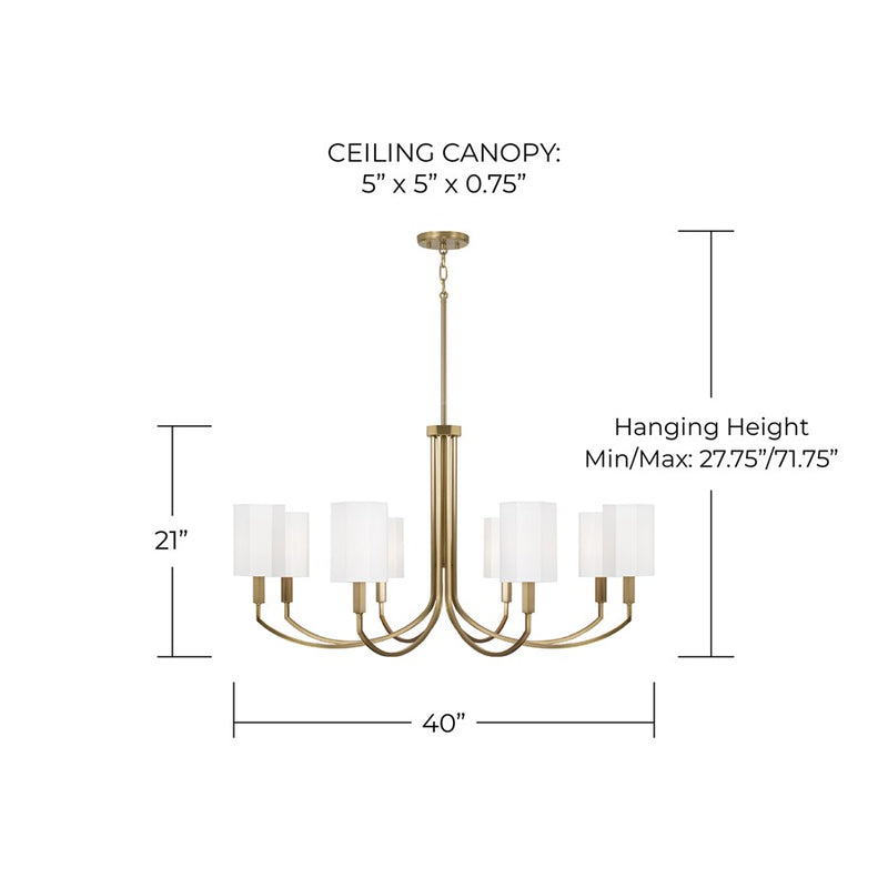 Capital Lighting Adrian 8Lt Chandelier, Aged Brass/White Fabric