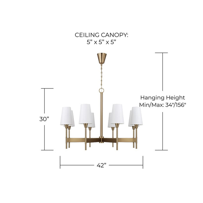 Capital Lighting Leland 8Lt Chandelier, Aged Brass/White Fabric