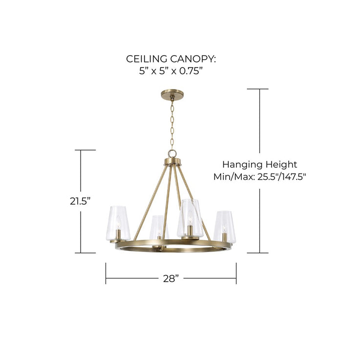 Homeplace Lighting Aaron 4Lt Chandelier, Aged Brass/Clear Glass