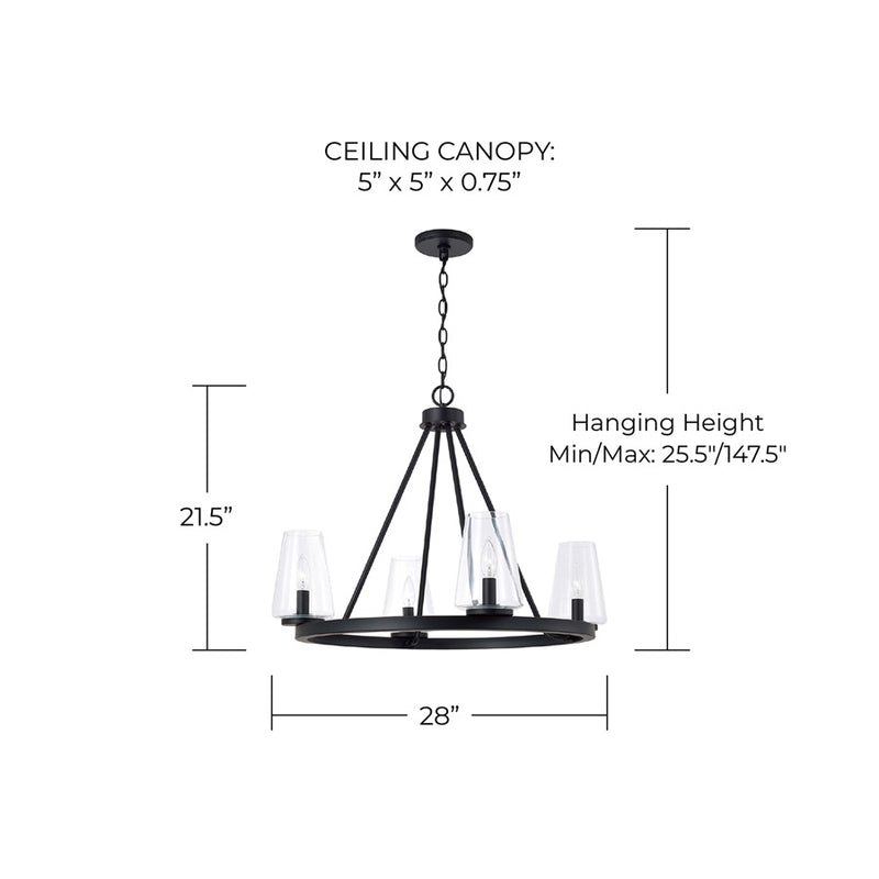 Homeplace Lighting Aaron 4Lt Chandelier, Matte Black/Clear Glass