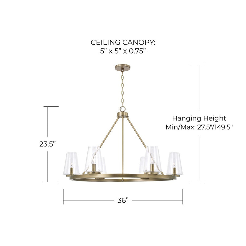 Homeplace Lighting Aaron 6Lt Chandelier, Aged Brass/Clear Glass