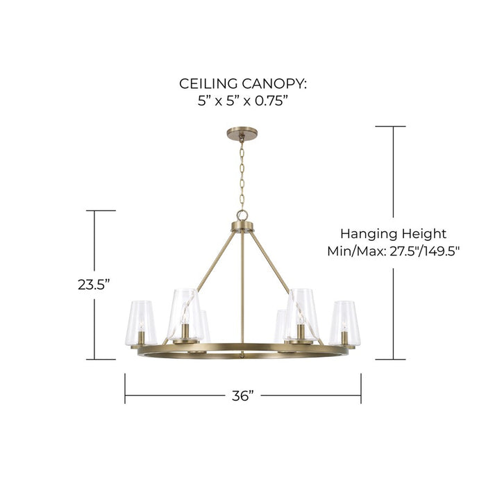 Homeplace Lighting Aaron 6Lt Chandelier, Aged Brass/Clear Glass