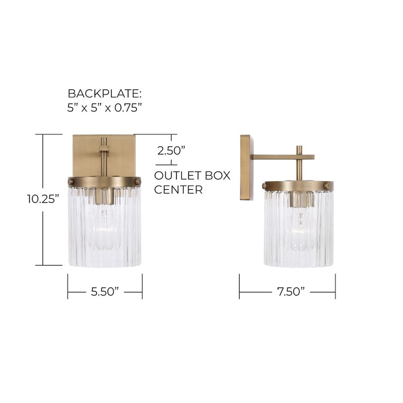 Capital Lighting Vaughn 1 Light Sconce, Aged Brass/Beveled Fluted