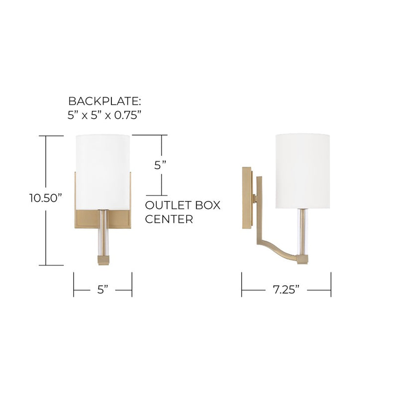 Capital Lighting Ingrid 1 Light Sconce, Brass/White Fabric Shade