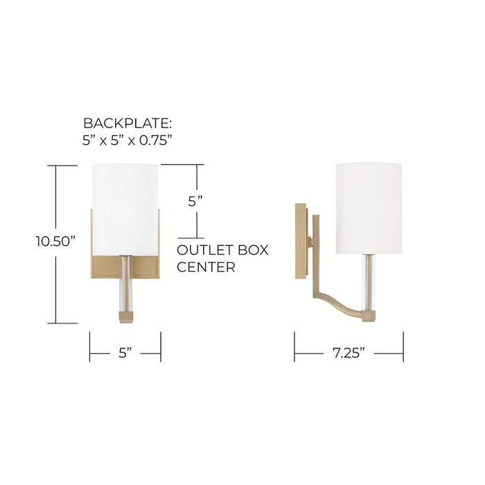 Capital Lighting Ingrid 1 Light Sconce, Brass/White Fabric Shade