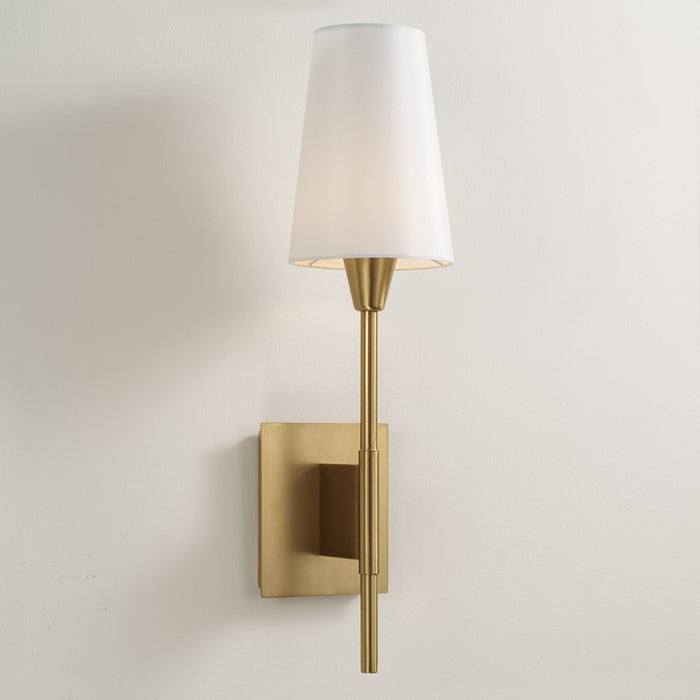 Capital Lighting Leland 1 Light Sconce, Aged Brass/White Fabric