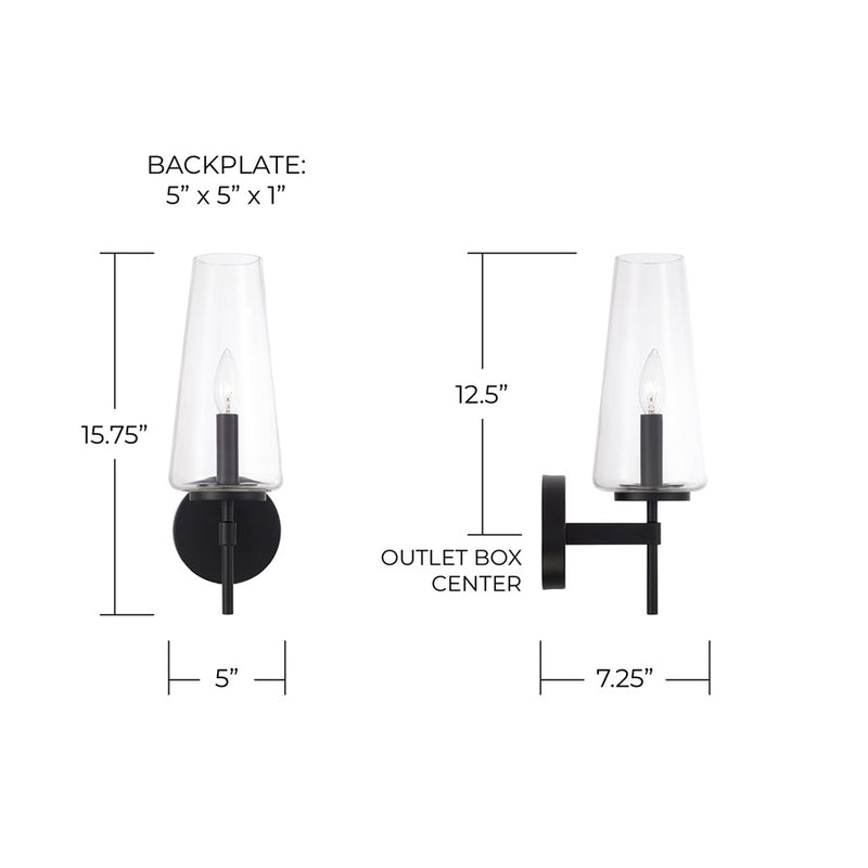 Homeplace Lighting Aaron 1 Light Sconce, Matte Black/Clear Glass