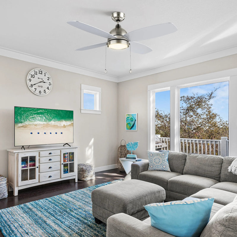Carro Greenwood 48in 4-Blade Ceiling Fan | Modern Brushed Nickel Finish and Plywood Blades | Living Room & Great Room | 48 x 48 | Model CFP484Q5-L11-SJ-1