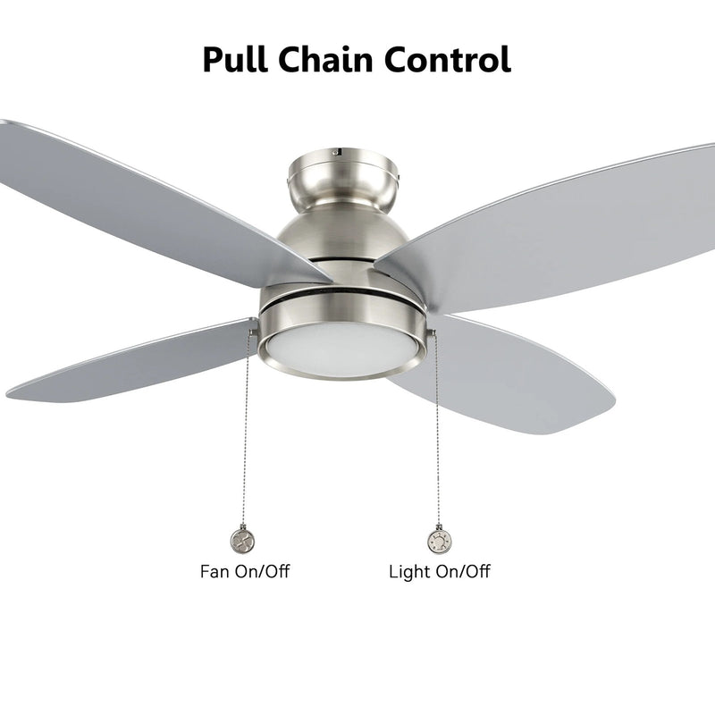 Carro Greenwood 48in 4-Blade Flush Mount Ceiling Fan | Modern Brushed Nickel Finish and Plywood Blades | Living Room & | Model CFP484Q5-L11-SJ-1-FM
