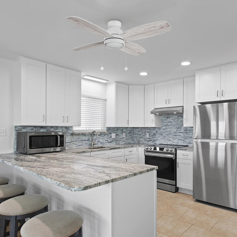 Carro Greenwood 48in 4-Blade Flush Mount Ceiling Fan | White Plywood Blades | Living Room & Bedroom | 48 x 48 x 11.2 in | Model CFP484Q5-L11-WP-1-FM