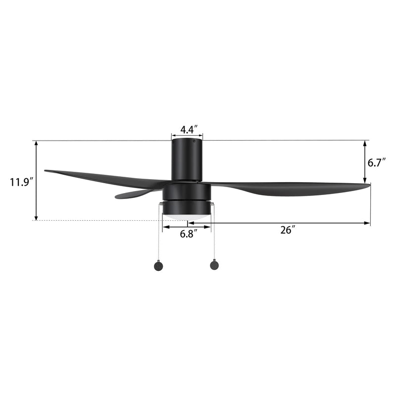 Carro Haven 52in 3-Blade LED Flush Ceiling Fan | Modern Black ABS Blades | Living Room & Bedroom | 52 x 52 x 11.9 in | Model CFP523N4-L11-B2-1-FM