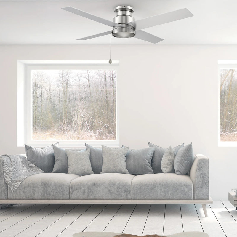 Carro Ascott 52in 4-Blade Flush Mount Ceiling Fan | Modern Brushed Nickel and Plywood | Low Ceiling Bedroom & Living Room | Model CFP524E5-N10-SJ-1-FM