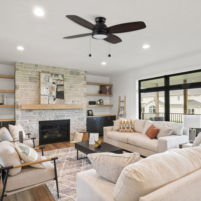 Carro Greenwood 52in 4-Blade Flush Mount Ceiling Fan | Modern Black Plywood Blades with Integrated LED | Living Room & Great | Model CFP524Q5-L11-BG-1-FM