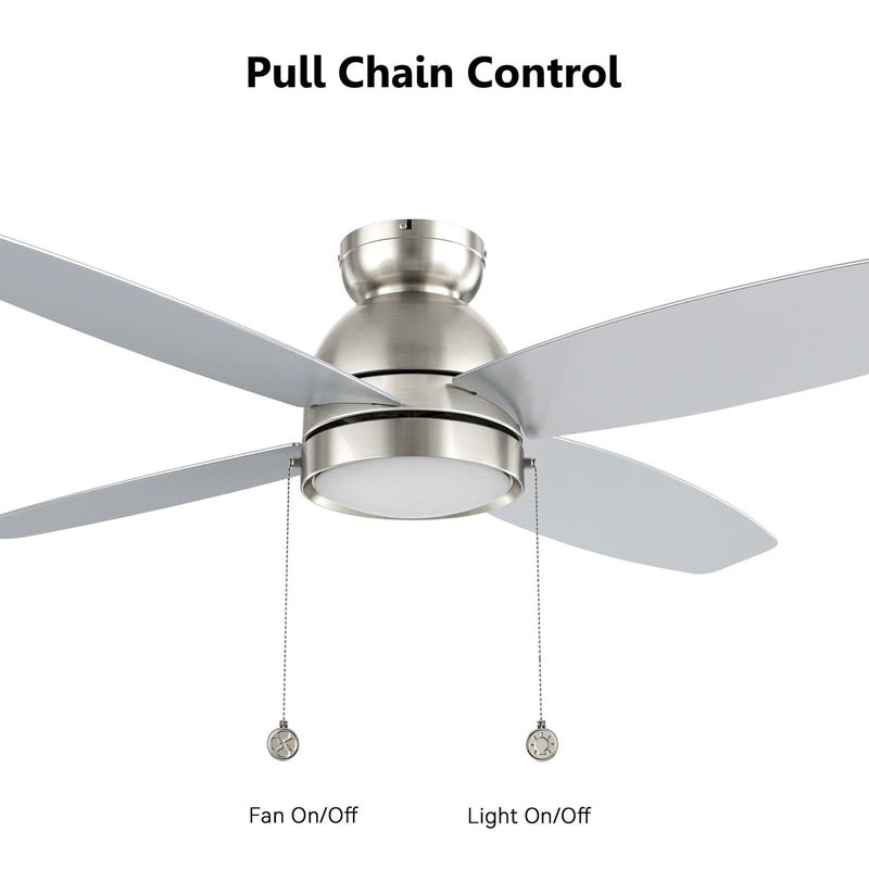 Carro Greenwood 52in 4-Blade Flush Mount Ceiling Fan | Modern Brushed Nickel Plywood Blades with Integrated LED | Living Room | Model CFP524Q5-L11-SJ-1-FM