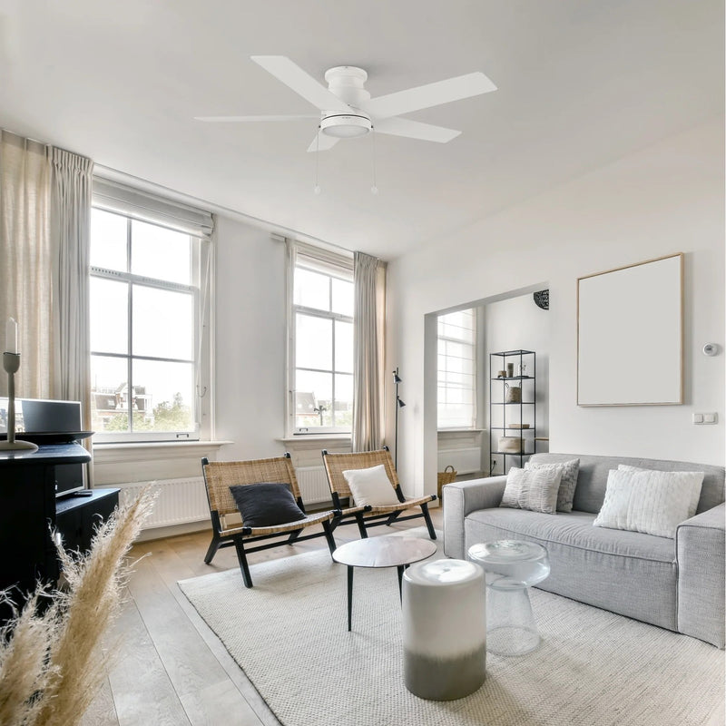 Carro Ascott 52in 5-Blade Flush Mount Ceiling Fan | White Plywood Blades with Integrated LED | Indoor Low Ceiling & Bedroom | Model CFP525E5-L11-W1-1-FM