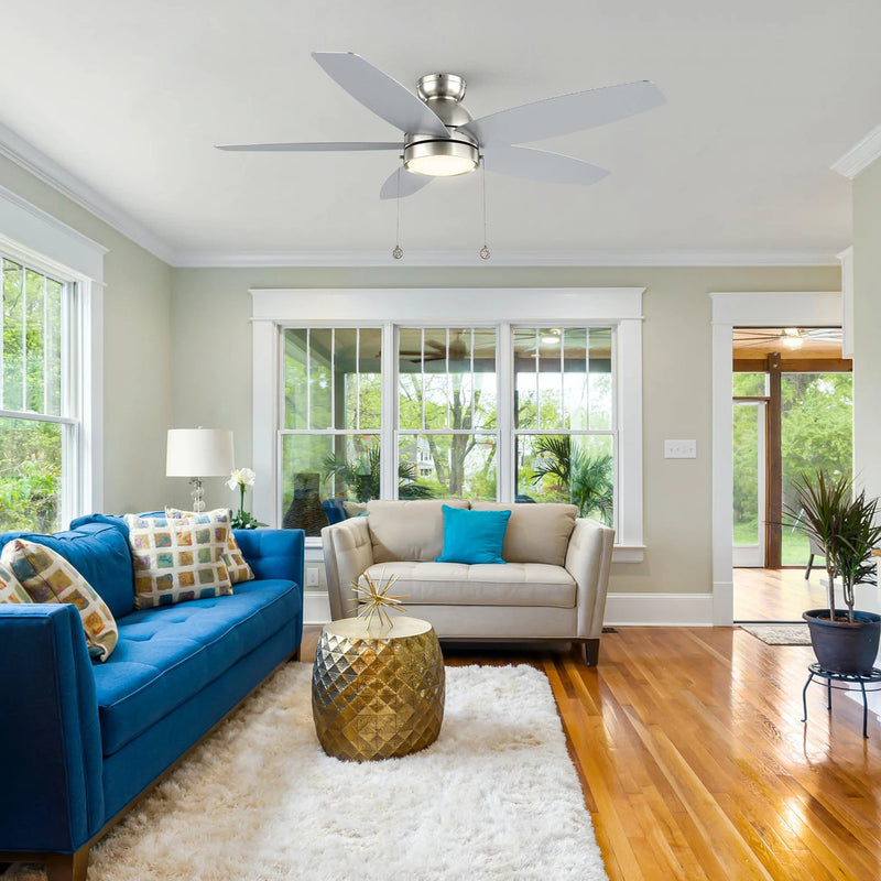 Carro Greenwood 52in 5-Blade Flush Mount Ceiling Fan | Modern Brushed Nickel and Plywood | Living Room & Bedroom | 52 x 52 x | Model CFP525Q5-L11-SJ-1-FM