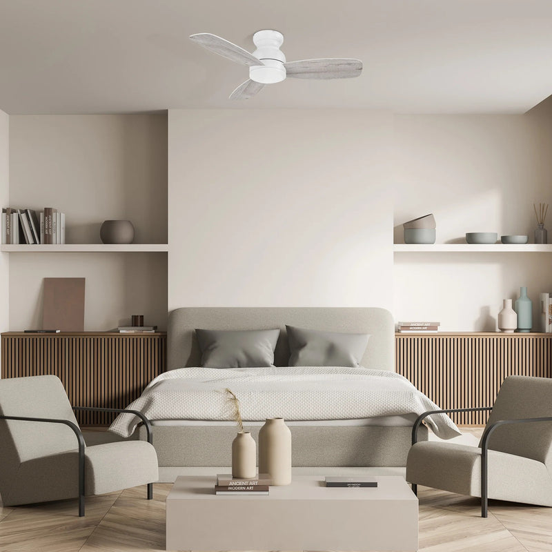 Carro Stanley 44in 3-Blade Flush Ceiling Fan | Modern White Whitewashed Plywood Blades | Bedroom & Living Room | 10.8 x 44 x | Model CFR443Q-N10-WP-1-FM