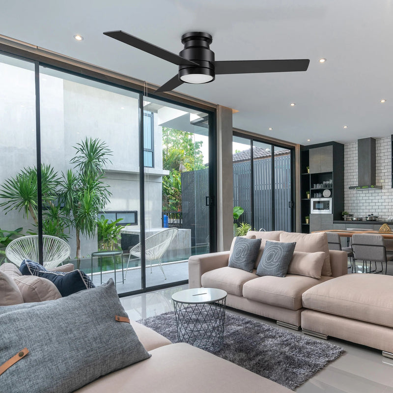 Carro Santana 52in Flush Mount Ceiling Fan | Black Plywood Blades and Integrated LED | Bedroom & Living Room Cooling | 52 x | Model CFR523E5-L12-B2-1-FM