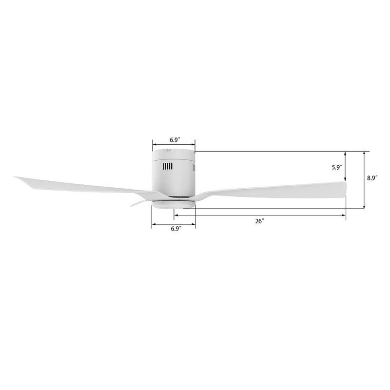 Carro Skara 52in 3-Blade Flush Ceiling Fan | Modern White Glass Fiber Blades | Living Room & Bedroom | 52 x 52 x 8.9 in | Model CFR523P-N10-W1-1-FM